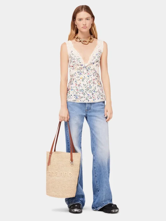 Beige raffia-veske med logo
