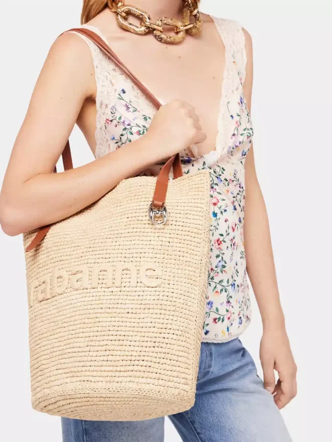 Beige raffia-veske med logo