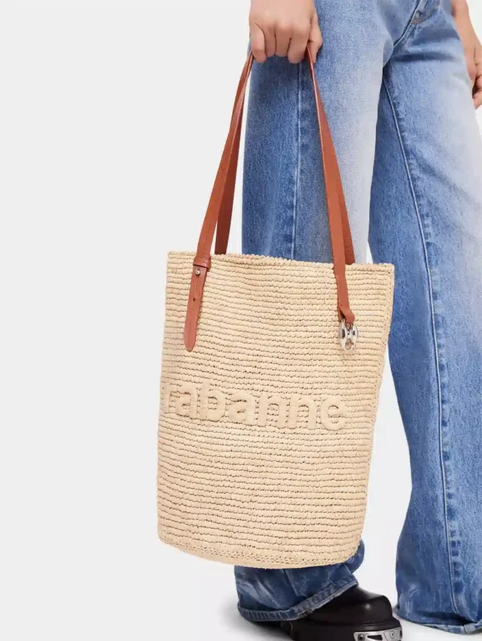 Beige raffia-veske med logo