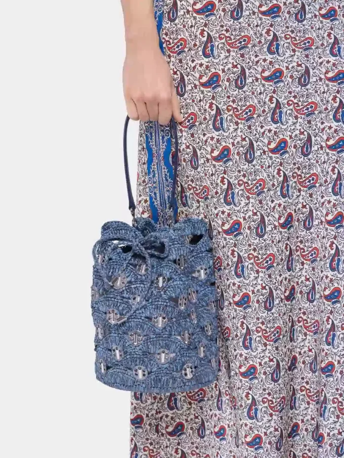 Denimblå raffia-veske