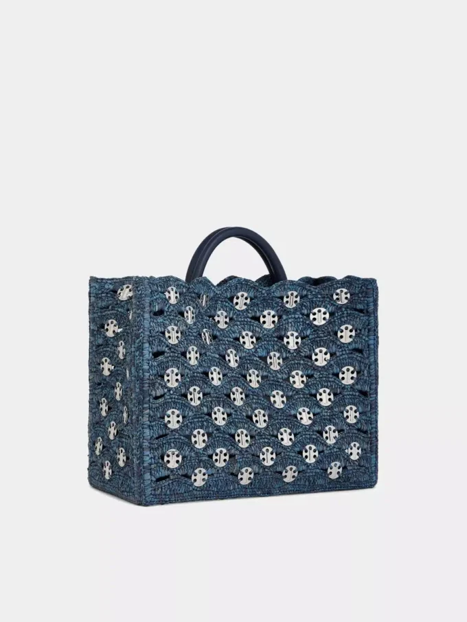 Denimblå totebag i raffia